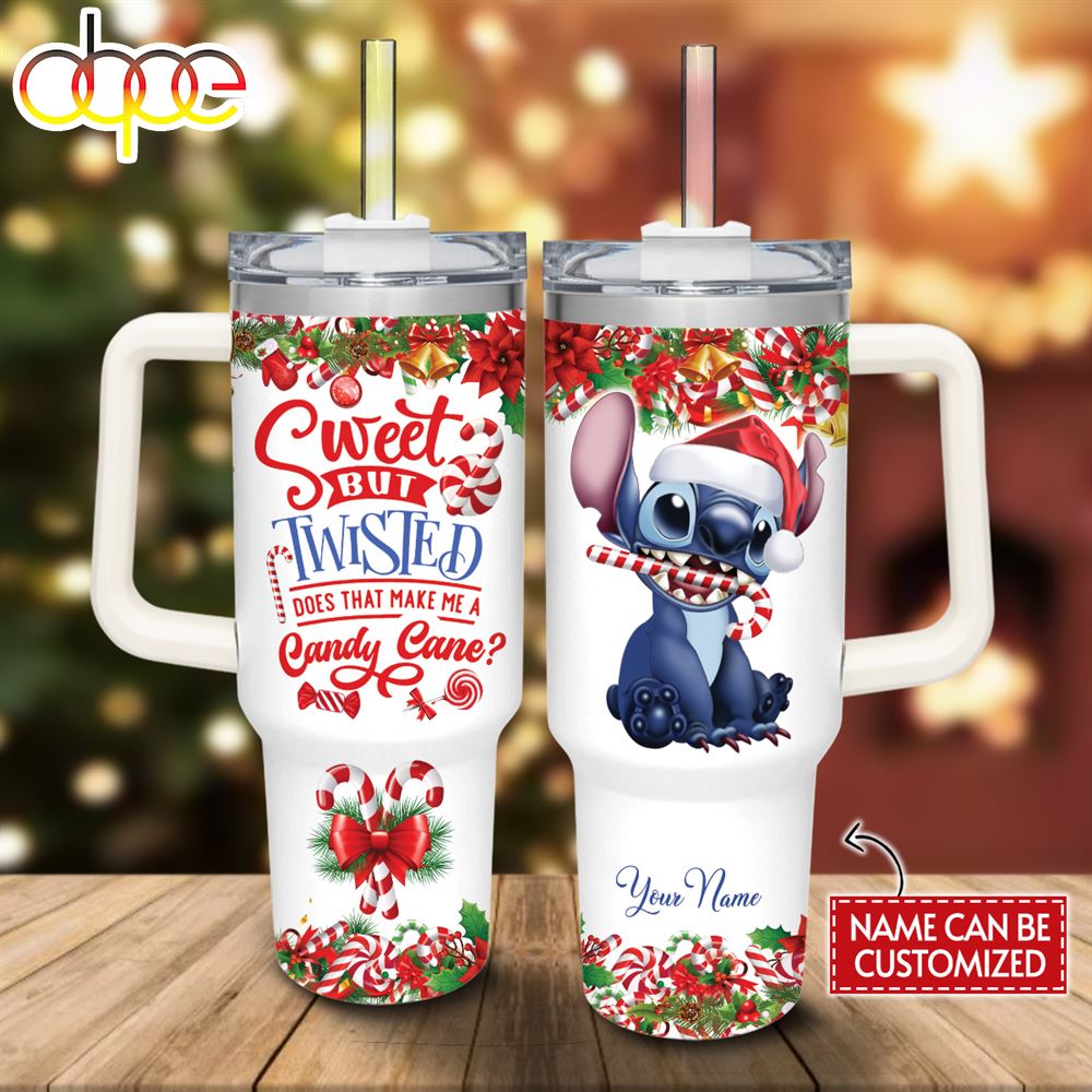Custom Name Stitch Sweet But Twisted Christmas Theme Pattern 40oz Tumbler With Handle And Straw Lid