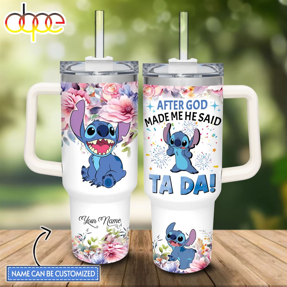 Custom Name Stitch Tada 40oz Stainless Steel Tumbler With Handle And Straw Lid