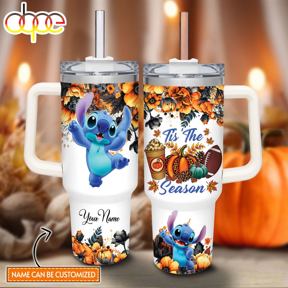 Custom Name Stitch Tis The Season Fall Leaf Pattern 40oz Stainless Steel Tumbler With Handle And Straw Lid