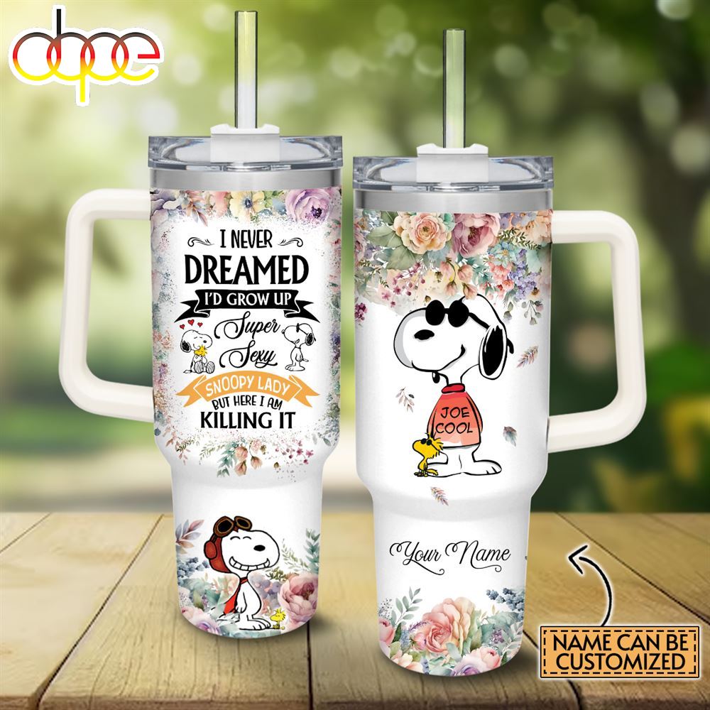 Custom Name Super Sexy Snoopy Lady Vintage Flower Pattern 40oz Stainless Steel Tumbler With Handle And Straw Lid