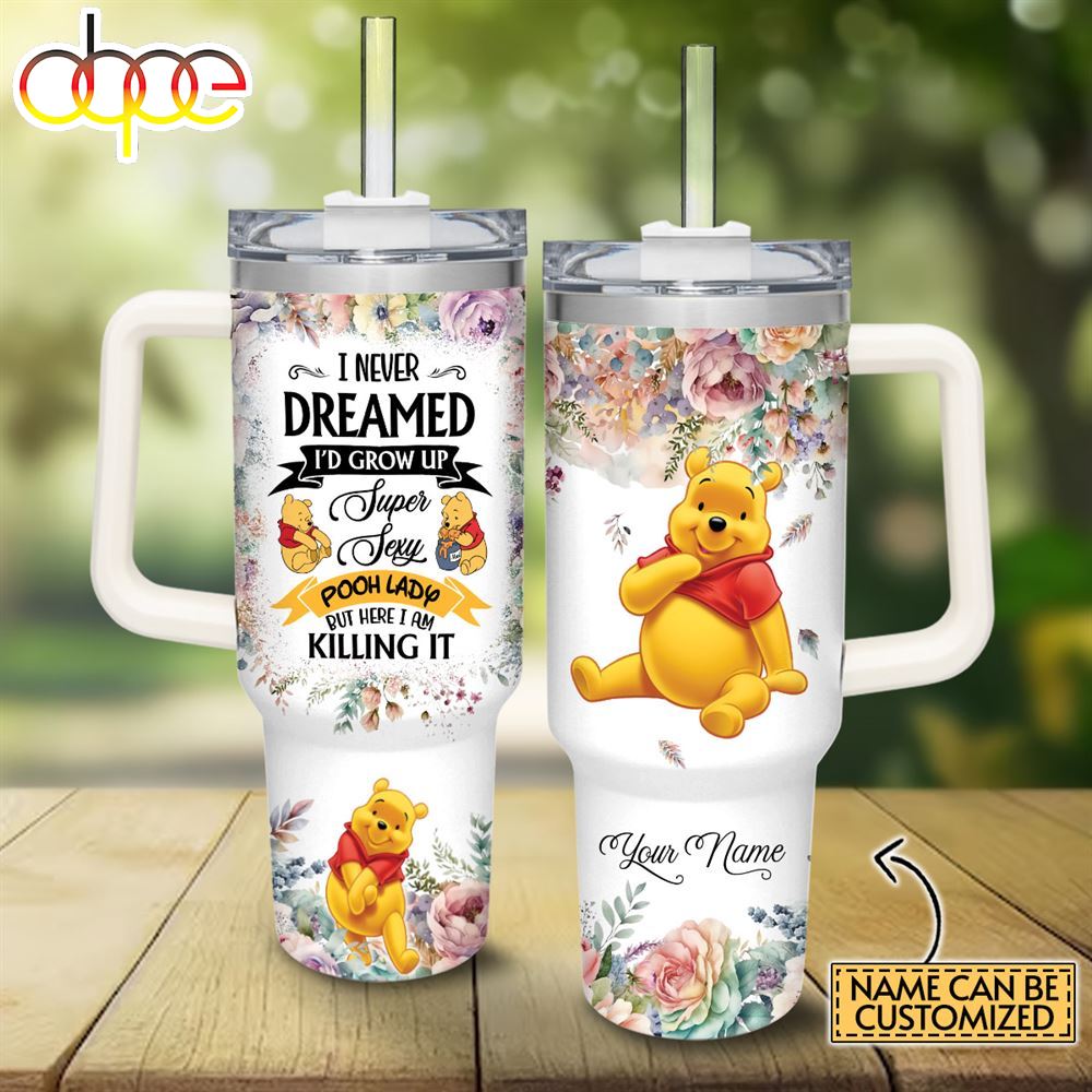 Custom Name Super Sexy Winnie The Pooh Lady Vintage Flower Pattern 40oz Stainless Steel Tumbler With Handle And Straw Lid