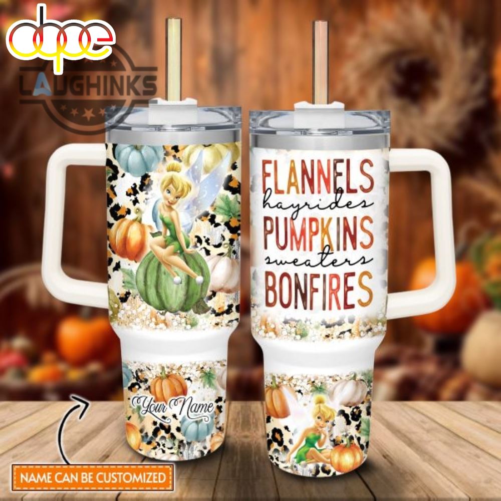 Custom Name Tinker Bell Flannels Pumpkins Bonfires Pattern 40Oz Stainless Steel Tumbler With Handle And Straw Lid 40 Oz Stanley Travel Cups NEW