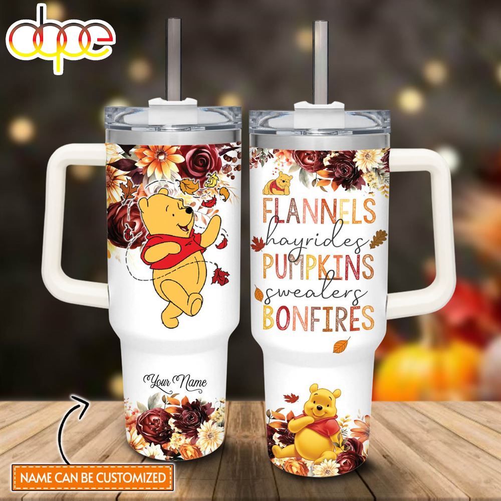 Custom Name Winnie The Pooh Flannels Pumpkins Bonfires Fall Theme Pattern 40oz Tumbler With Handle And Straw Lid