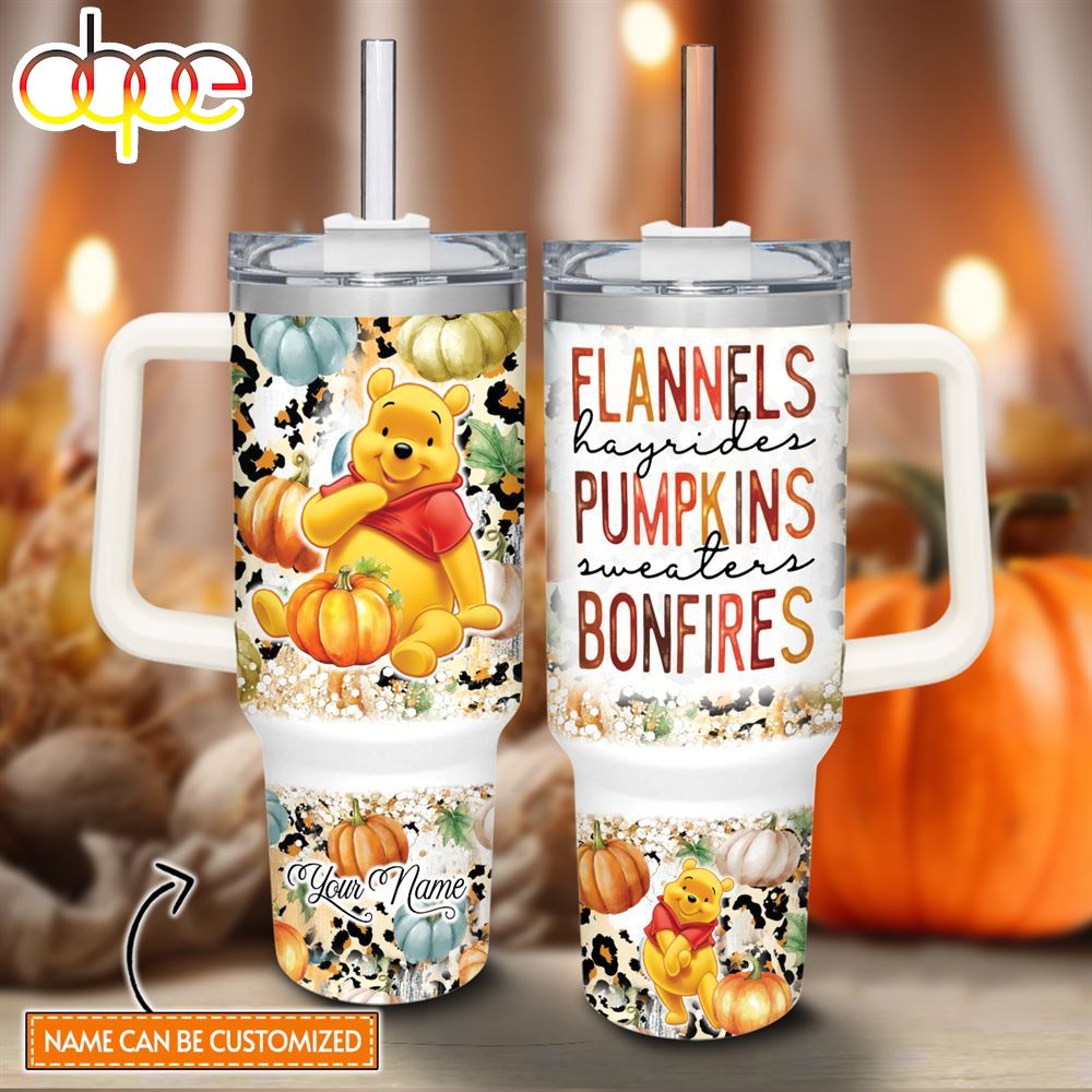 Custom Name Winnie The Pooh Flannels Pumpkins Bonfires Pattern 40oz Stainless Steel Tumbler With Handle And Straw Lid