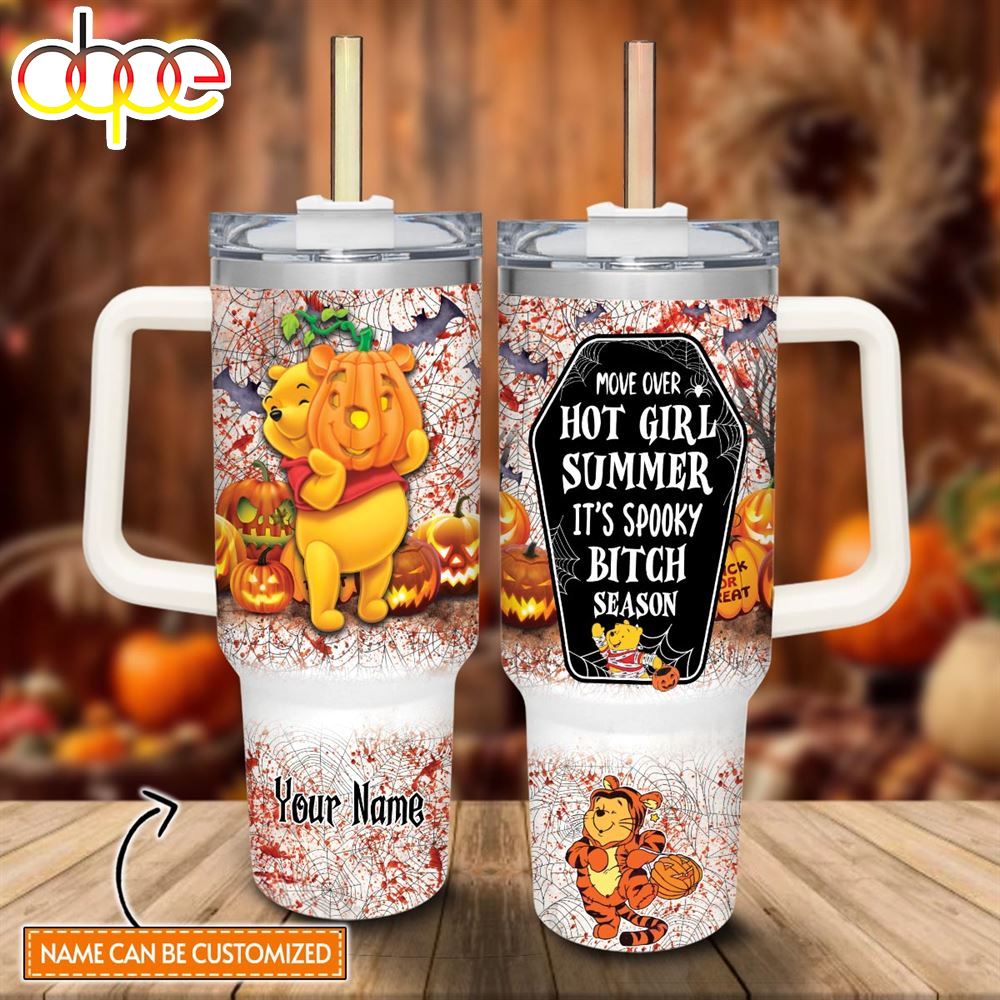 Custom Name Winnie The Pooh Halloween Costume Its Spooky Season 40oz Stainless Steel Tumbler With Handle And Straw Lid
