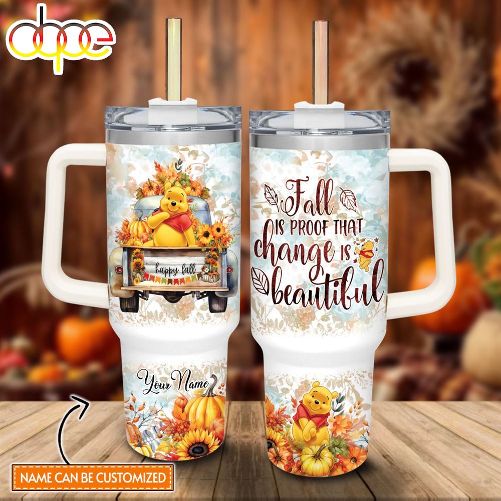 Custom Name Winnie The Pooh Happy Fall Pumpkin Flower Pattern 40oz Tumbler With Handle And Straw Lid