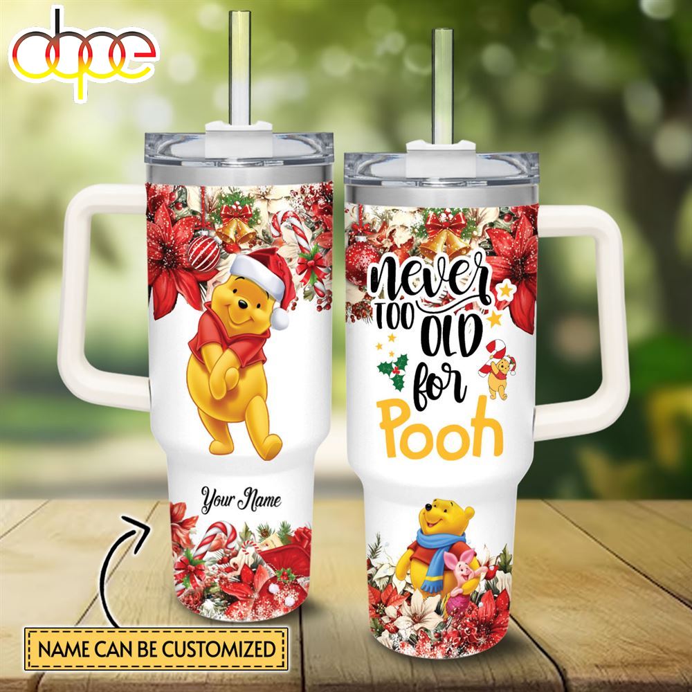 Custom Name Winnie The Pooh Poinsettia Red Flower Christmas Pattern 40oz Stainless Steel Tumbler With Handle And Straw Lid