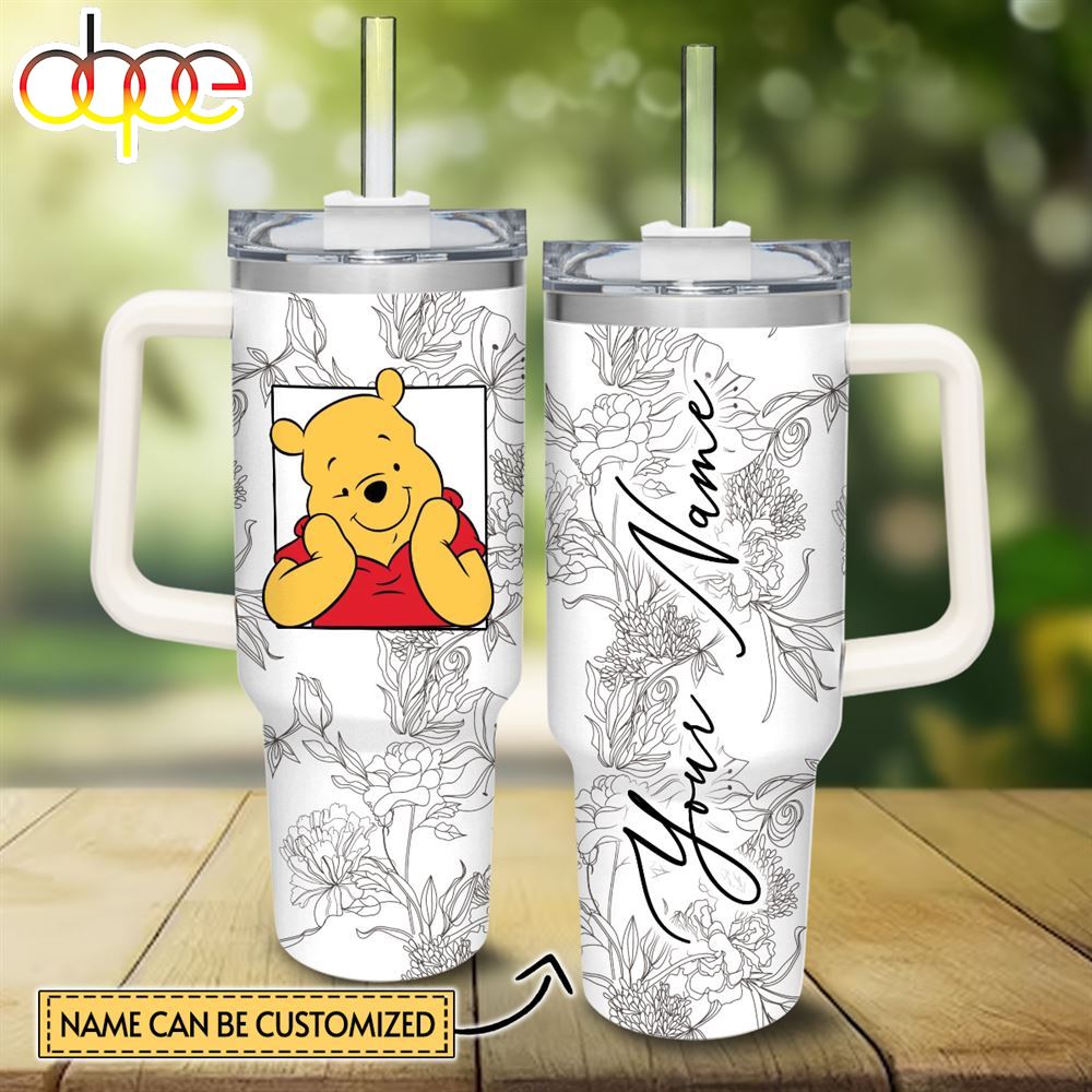 Custom Name Winnie The Pooh Sketch Flower Pattern White 40oz Stainless Steel Tumbler With Handle And Straw Lid