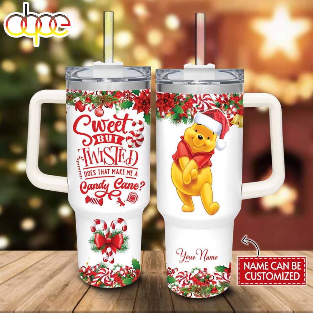 Custom Name Winnie The Pooh Sweet But Twisted Christmas Theme Pattern 40oz Tumbler With Handle And Straw Lid