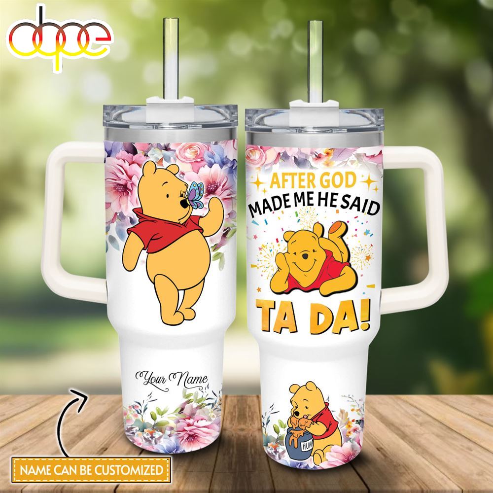 Custom Name Winnie The Pooh Tada 40oz Stainless Steel Tumbler With Handle And Straw Lid