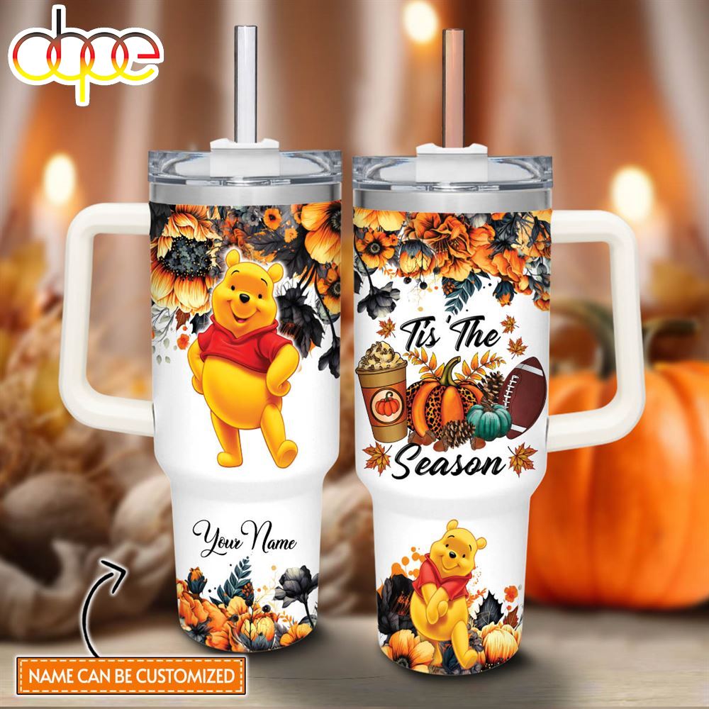 Custom Name Winnie The Pooh Tis The Season Fall Leaf Pattern 40oz Stainless Steel Tumbler With Handle And Straw Lid