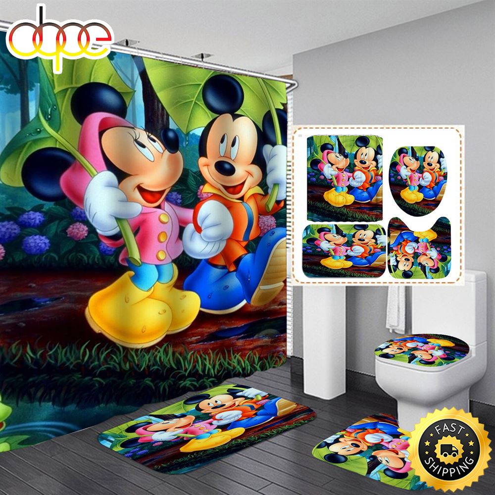 Cute Mickey Waterproof Shower Curtain Bath Toilet Cover Set