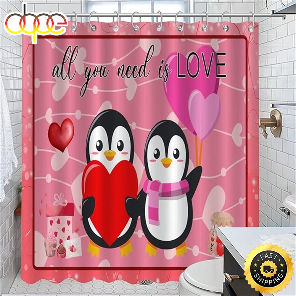 Cute Penguin Valentines All You Need Is Love Bathroom Shower Curtain Penguin Lovers Couple With Heart Shower Curtain For Bathroom Home Decorations