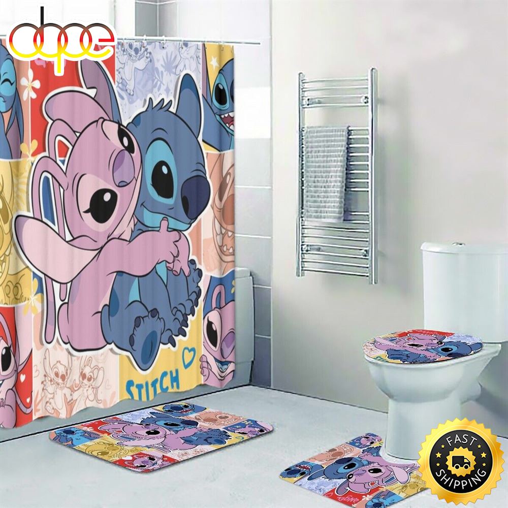 Disney Angel Hug Lilo Stitch Print Shower Curtain Bath Mat Toilet Lid Cover Mat