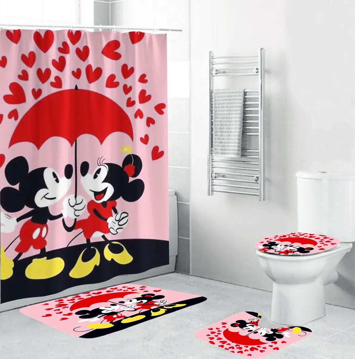 Disney Cartoon Mickey Minie Mouse Sweet Heart Shower Curtain Sets Bathroom Sets