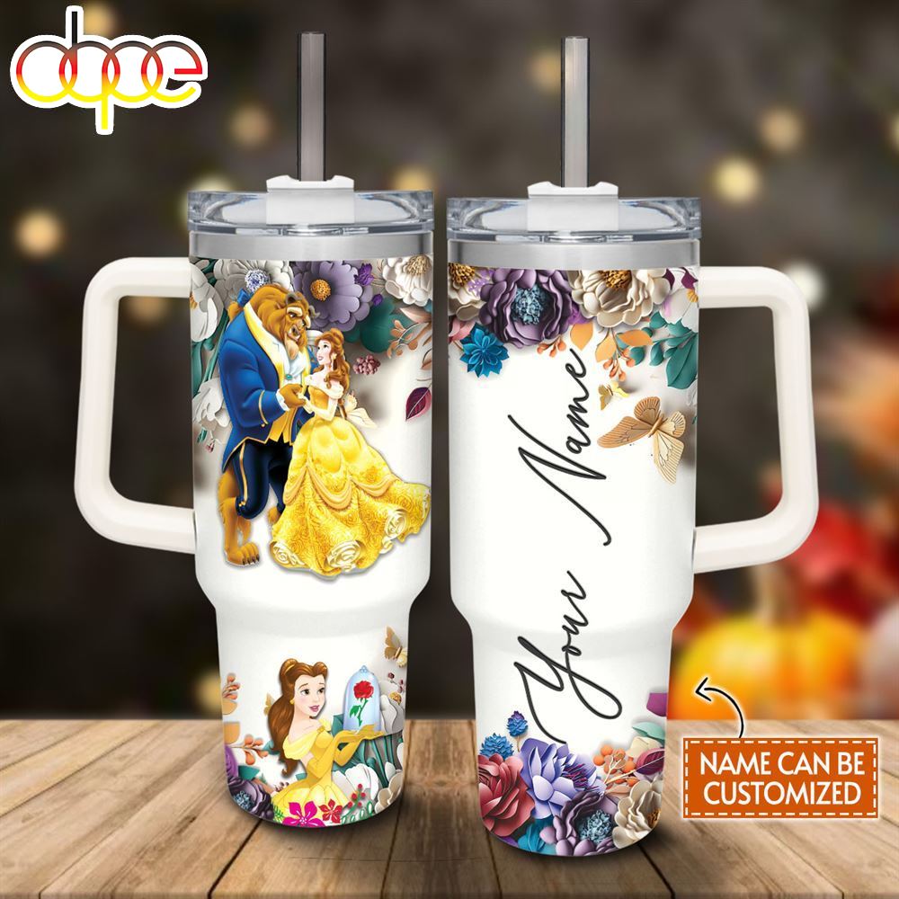 Disney Custom Name Beauty And The Beast 3d Colorful Flower Sublimation Pattern 40oz Tumbler