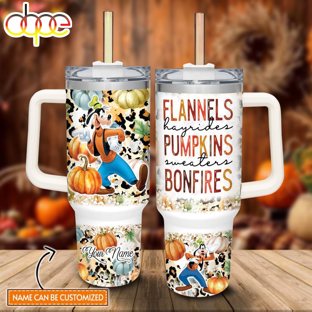 Disney Custom Name Goofy Flannels Pumpkins Bonfires Pattern 40oz Stainless Steel Tumbler