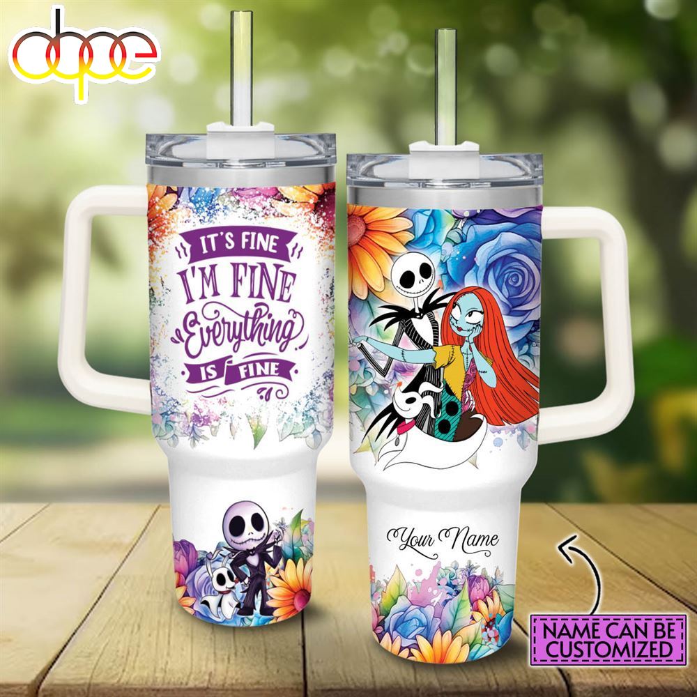 Disney Custom Name Its Fine Im Fine Jack Skellington Colorful Flower Pattern 40oz Stainless Steel Tumbler