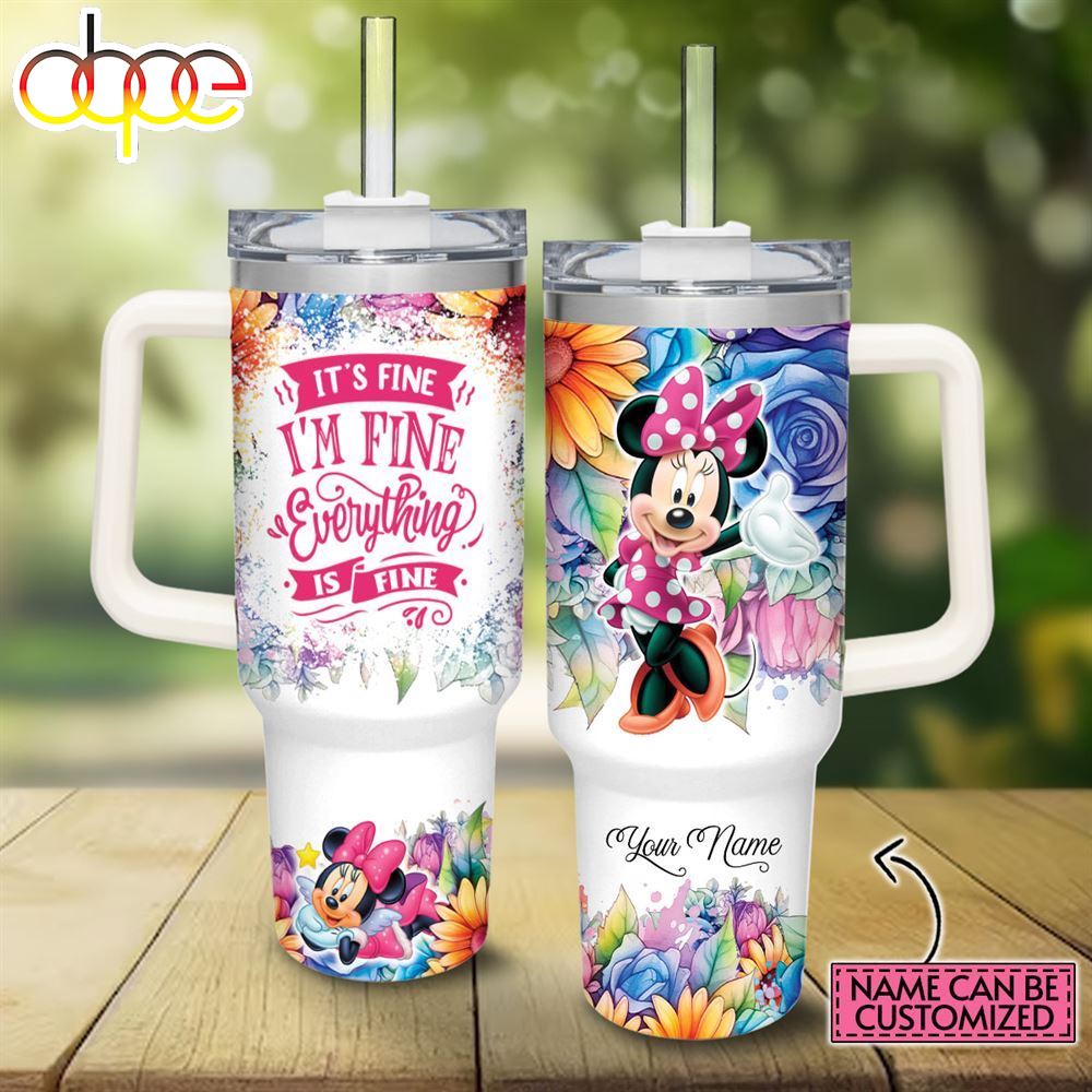 Disney Custom Name Its Fine Im Fine Minnie Mouse Colorful Flower Pattern 40oz Stainless Steel Tumbler