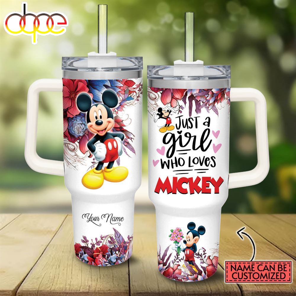 Disney Custom Name Just A Girl Loves Mickey Mouse Colorful Flower Pattern 40oz Stainless Steel Tumbler