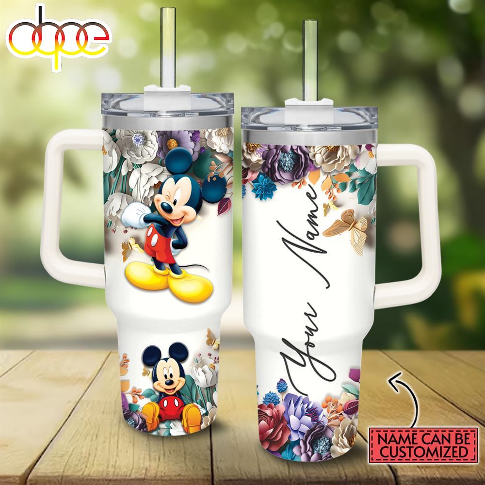 Disney Custom Name Mickey Mouse 3d Colorful Flower Sublimation Pattern 40oz Tumbler