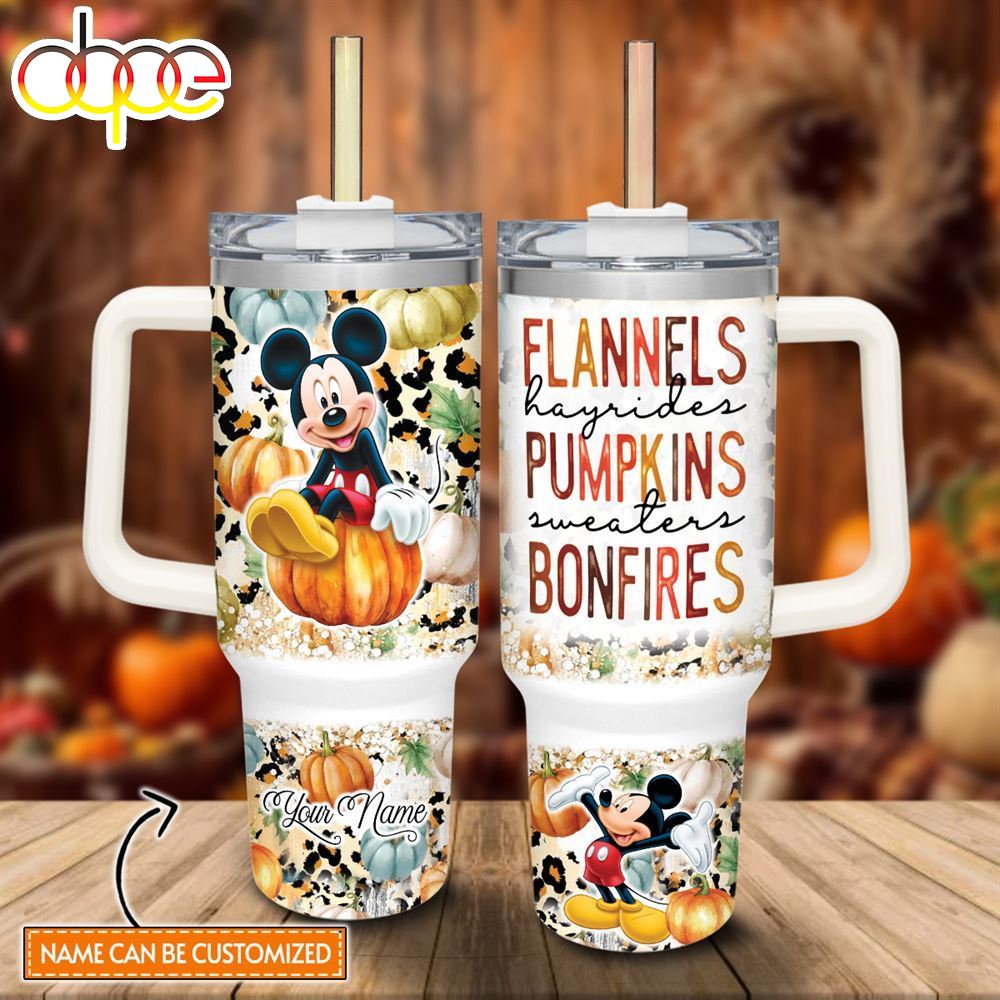 Disney Custom Name Mickey Mouse Flannels Pumpkins Bonfires Pattern 40oz Stainless Steel Tumbler