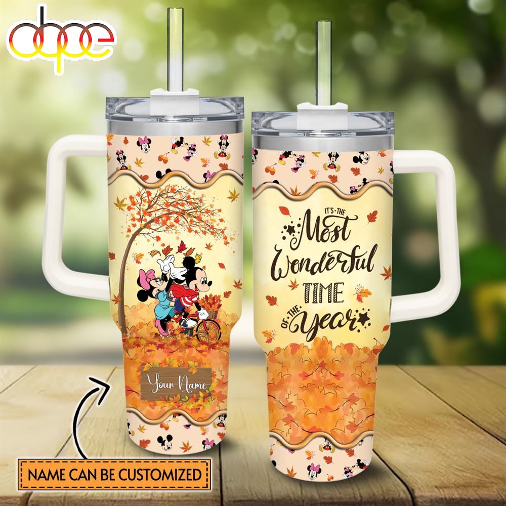 Disney Custom Name Mickey Mouse Most Wonderful Time Fall Leaf Pattern 40oz Stainless Steel Tumbler