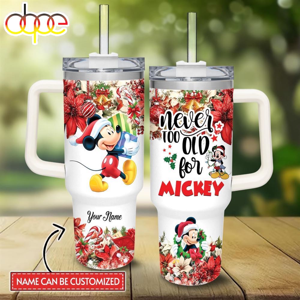 Disney Custom Name Mickey Mouse Poinsettia Red Flower Christmas Pattern 40oz Stainless Steel Tumbler