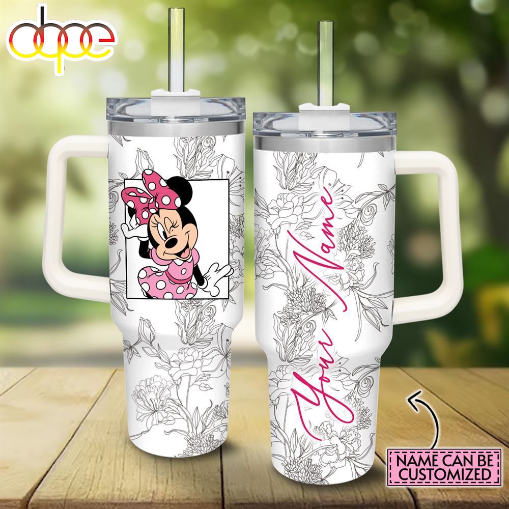 Disney Custom Name Minnie Mouse Sketch Flower Pattern White 40oz Stainless Steel Tumbler