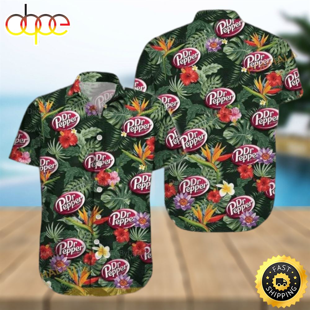 Dr Pepper Funny Hawaiian Shirt Paradise Hibiscus Flowers And Green Leaves Shirt