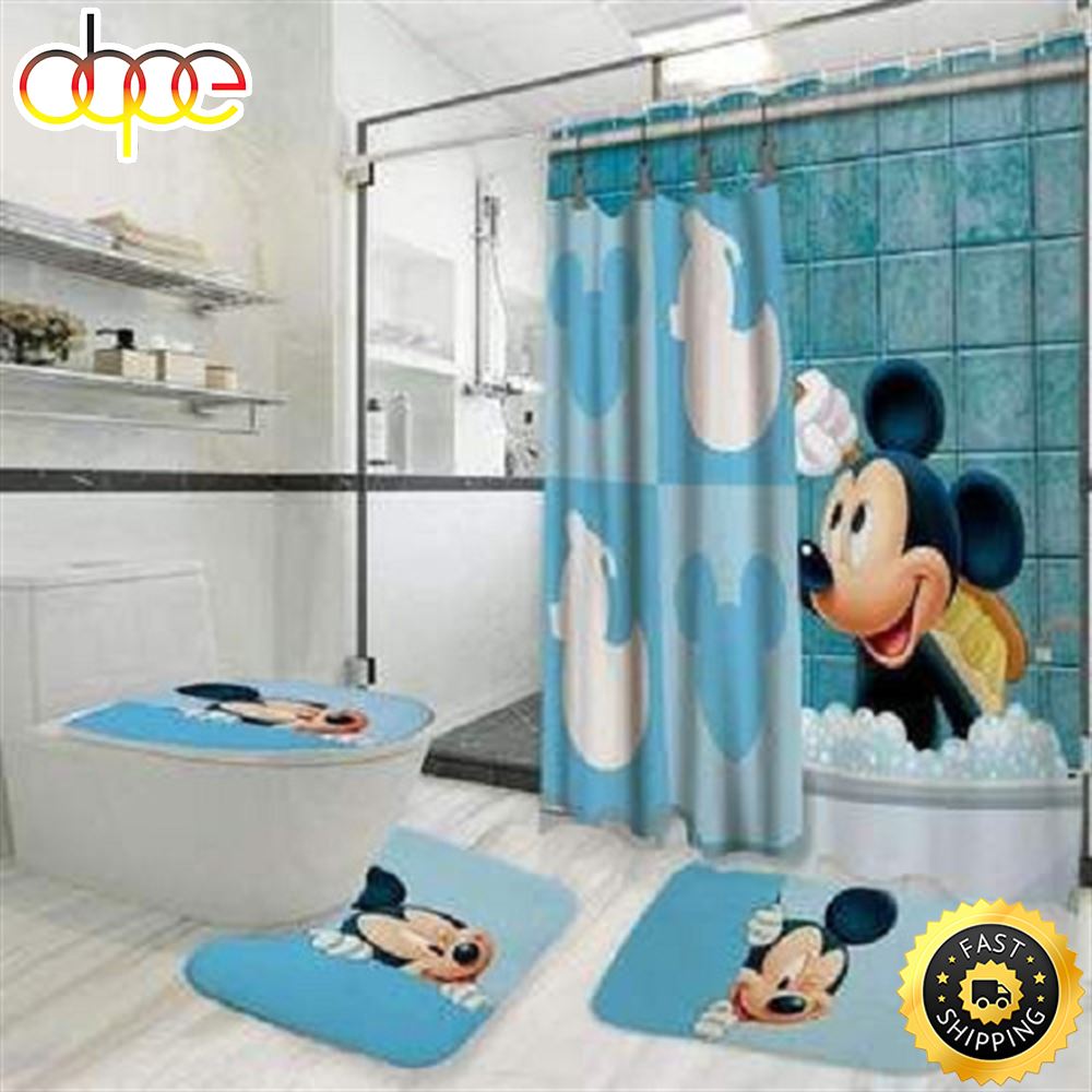 Funny Mickey Mouse In The Bathroom Printed Shower Curtain Set