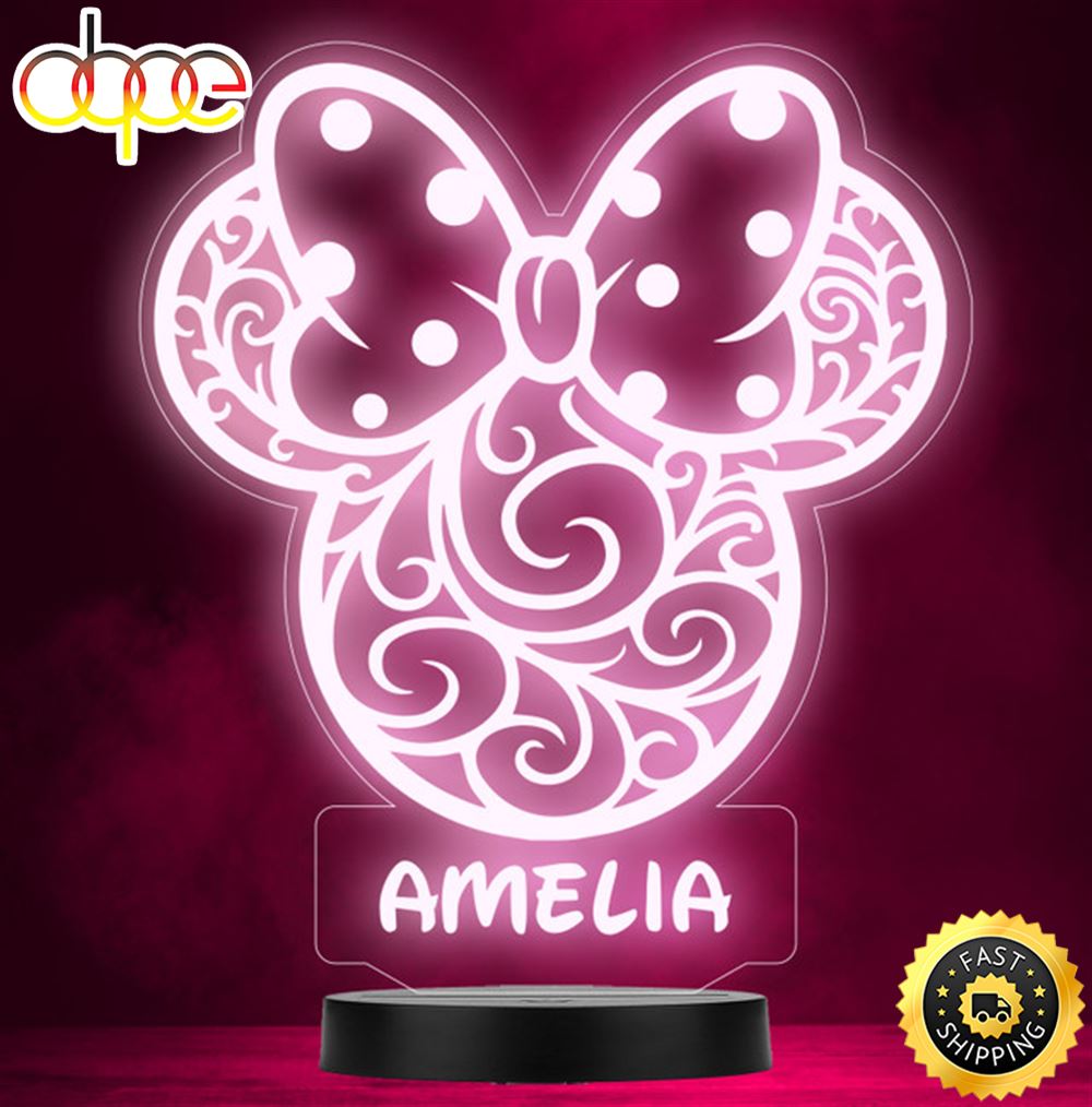 Girls Minnie Mouse Swirls Bow Personalised Gift Colour Change Lamp Night Light
