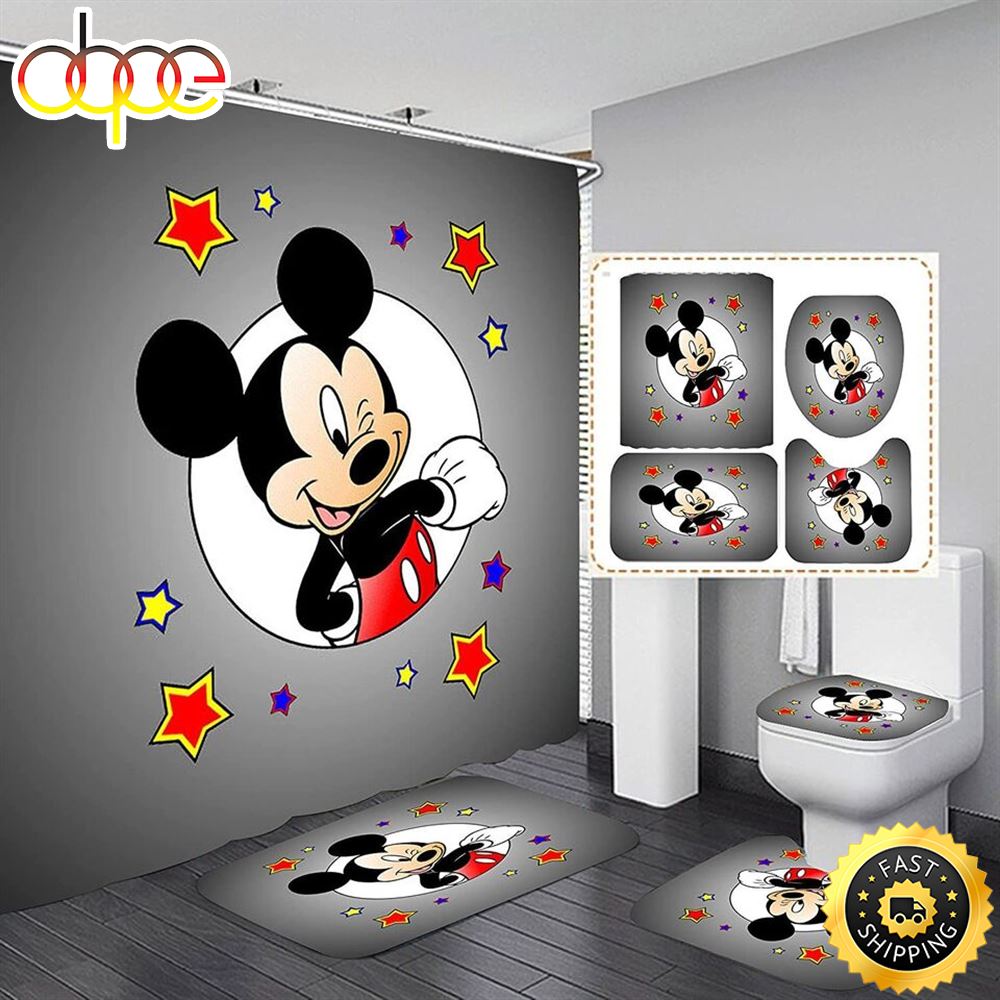 Gray Mickey Minnie Mouse Bathroom Set Shower Curtain Bath Mat Toilet Lid Cover