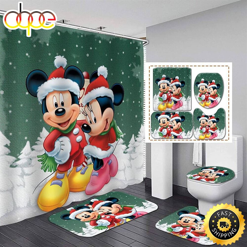Green Mickey Minnie Mouse Bathroom Set Shower Curtain Bath Mat Toilet Lid Cover