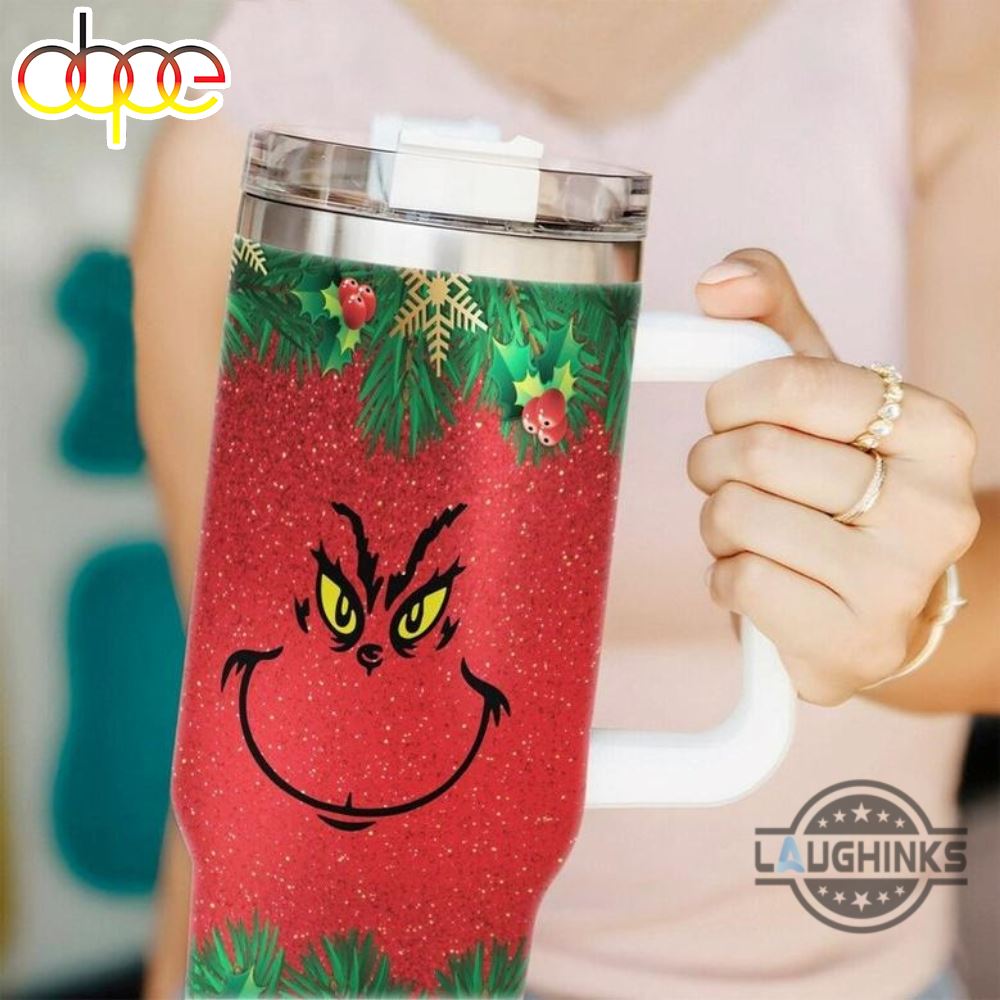 Grinch Christmas 40Oz Tumbler Merry Grinchmas Holiday Version Red Faux Glitter Pattern Stainless Steel Stanley Cup The Grinch Stole Christmas 40 Oz Xmas Travel Mugs