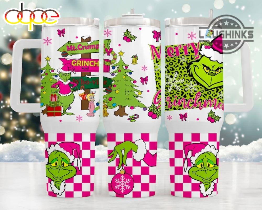 Grinch Tumbler Pink Christmas 40Oz Stainless Steel Stanley Cups Christmas Movie Gift Merry Grinchmas Whoville University Travel Mugs