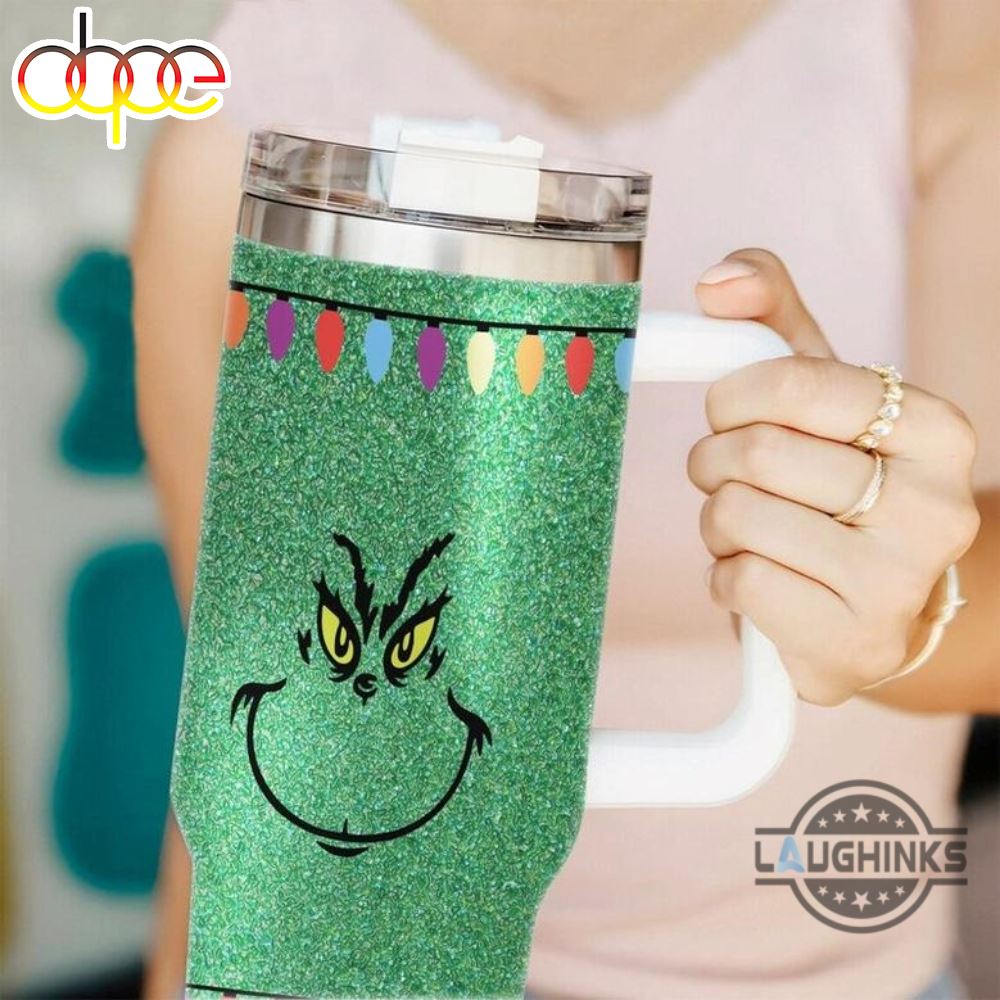 Grinch Tumblers Christmas Grinchmas Cups With Handle Faux Glitter 40Oz Mean Grinch Stainless Steel Stanley Cup How The Grinch Stole Christmas 40 Oz Xmas Travel Mugs Gift