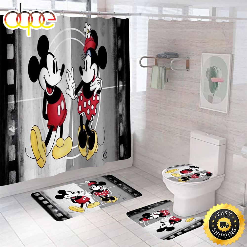 Happy Cartoon Mickey Minnie Waterproof Shower Curtain Bath Mat Toilet Cover Set