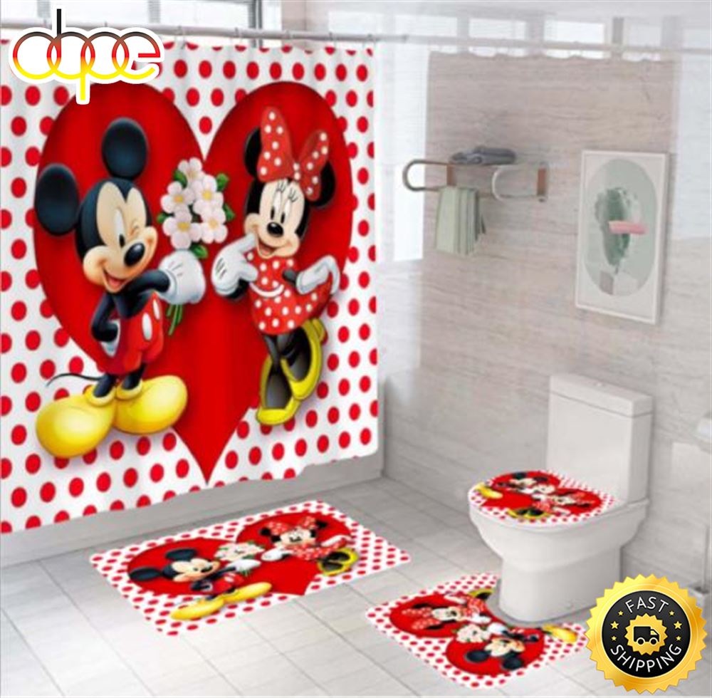 Happy Mickey And Minnie Waterproof Shower Curtain Bath Mat Toilet Cover Set Mat