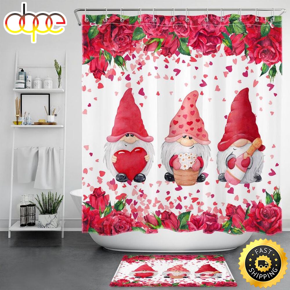 Happy Valentines Day Bathroom Shower Curtain Set Gnome Couple Home Bath Decor Roses Shower Curtain
