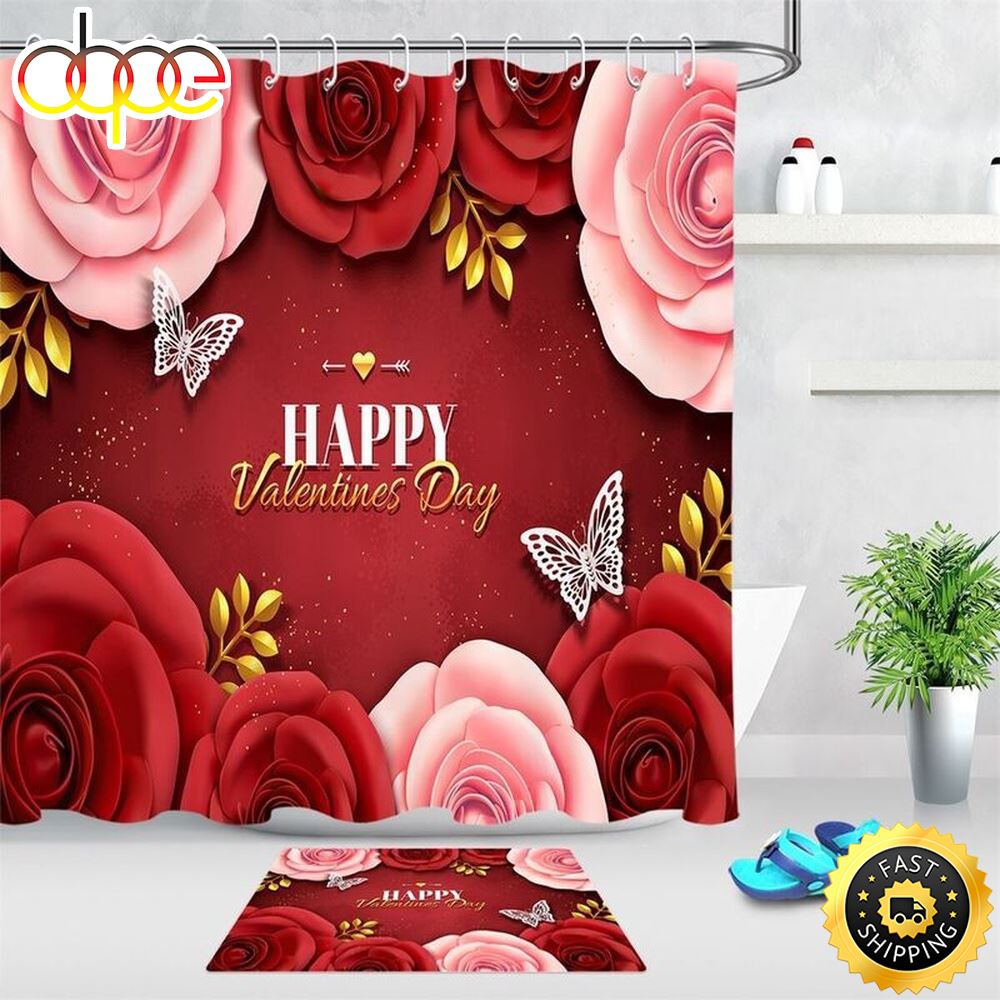 Happy Valentines Day Shower Curtains Roses Butterfly Bathroom Curtains Valentine Decor Bathroom Decoration