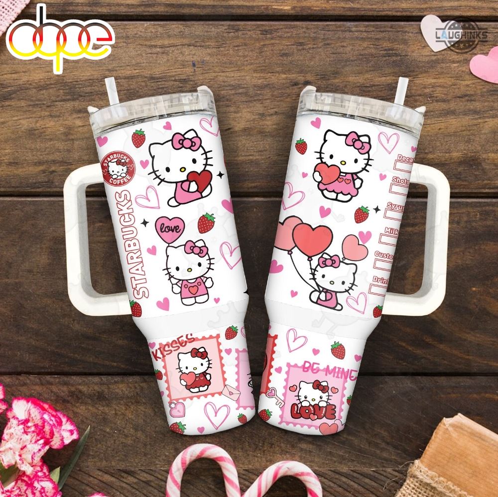 Hello Kitty Stanley Starbucks Cup Pink Valentine 40Oz Tumbler Cartoon Pink Valentines Day Gift For Couples Coffee Lovers 40 Oz Dupe Sanrio Stainless Steel Tumblers
