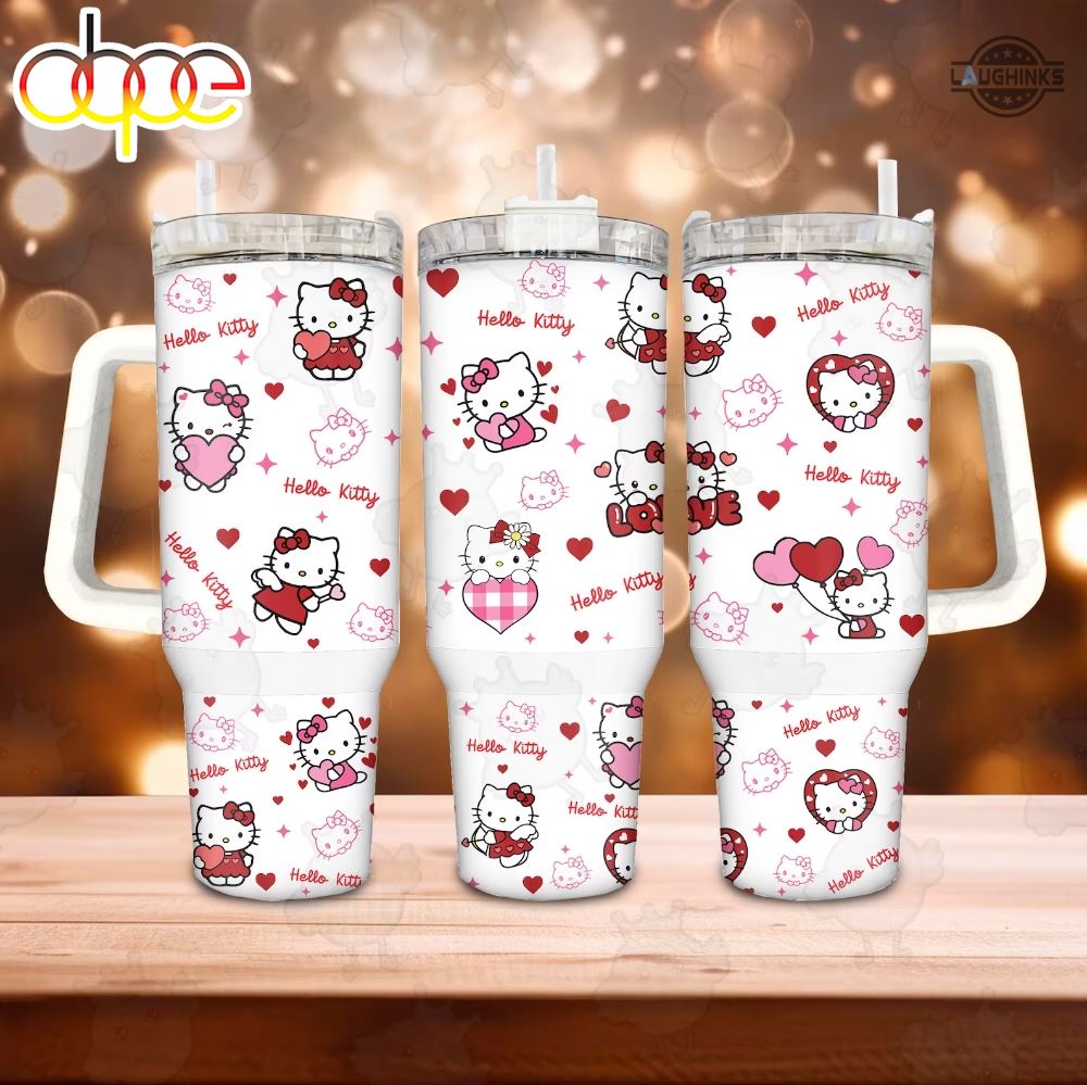Hello Kitty Valentines Day Stanley Cup Dupe 40 Oz Pink Valentines Day Gift For Her Pink Cat Cartoon Stainless Steel Tumblers With Handle Sanrio 40Oz Quencher Tumbler