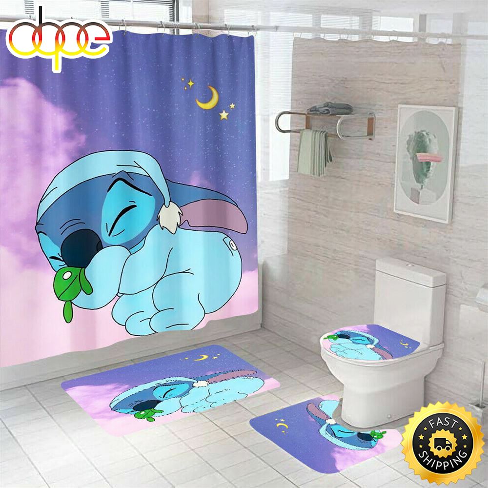 Lilo Stitch Cartoon Waterproof Shower Curtain Toilet Cover Mat Lid Set 4pcs