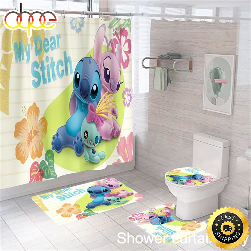Lilo Stitch Waterproof Shower Curtain Bathroom Mat Rug Toilet Cover Mat