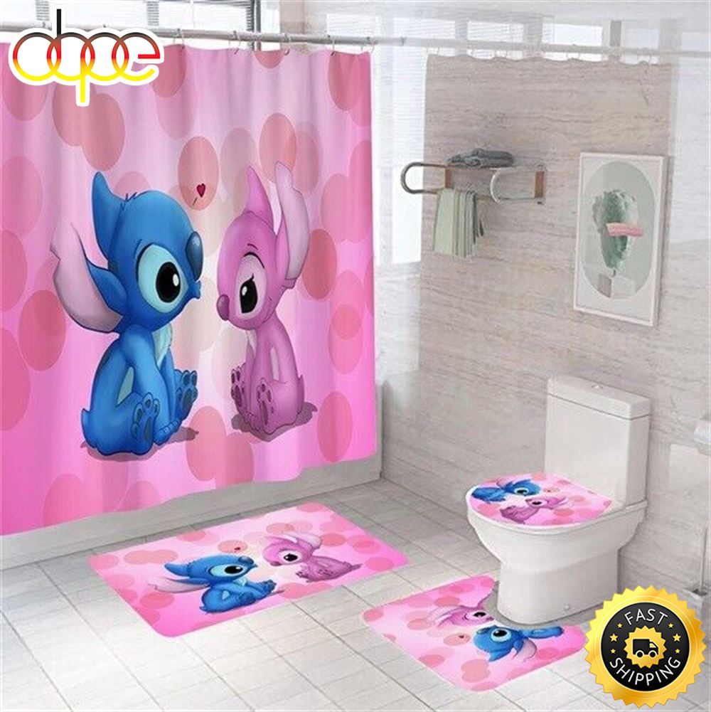 Lio And Stitch Bathroom Set Shower Curtain Bath Mat Toilet Lid Cover