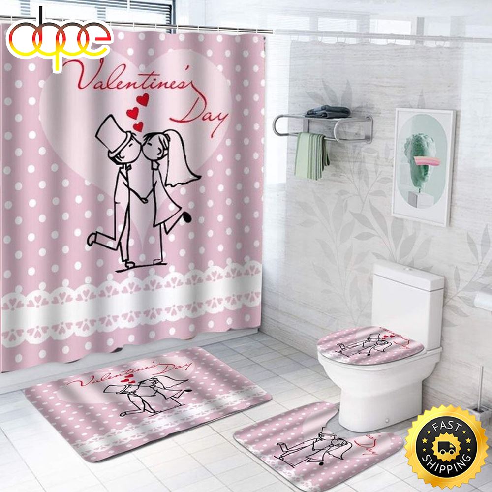 Love Kiss Couple Polka Dot Pattern Shower Curtain Sets Happy Valentines Day