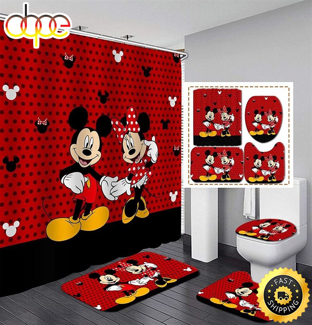 Love Mickey Minnie Mouse Bathroom Set Shower Curtain Bath Mat Toilet Lid Cover