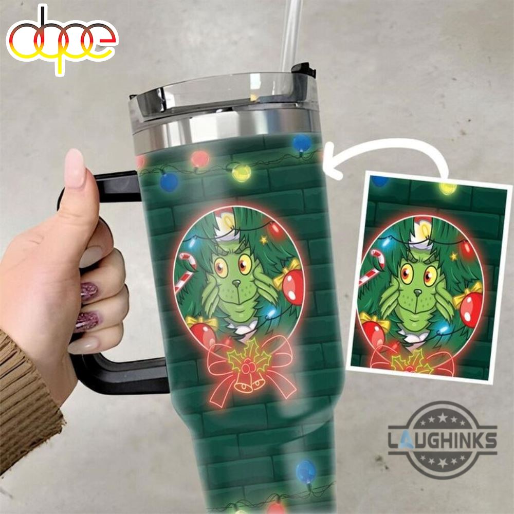 Mean Grinch Handle 40Oz Tumbler Merry Grinchmas Green Background Stainless Steel Stanley Cup How The Grinch Stole Christmas 40 Oz Xmas Travel Mugs Gift