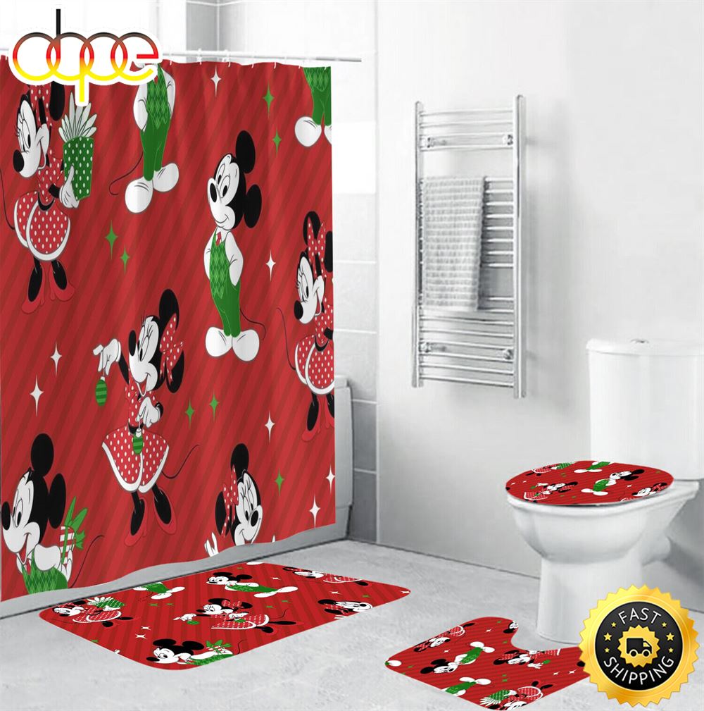 Merry Christmas Mickey Minnie Shower Curtain Sets Bathroom Sets